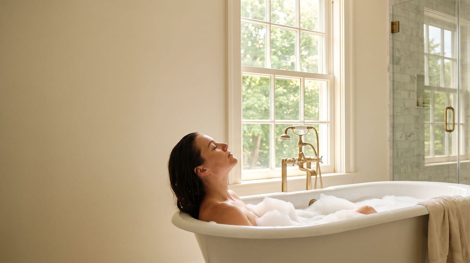 A woman rests in a freestanding bath beside a sunlit window in a newly remodelled bathroom, a marble walk-in shower beyond