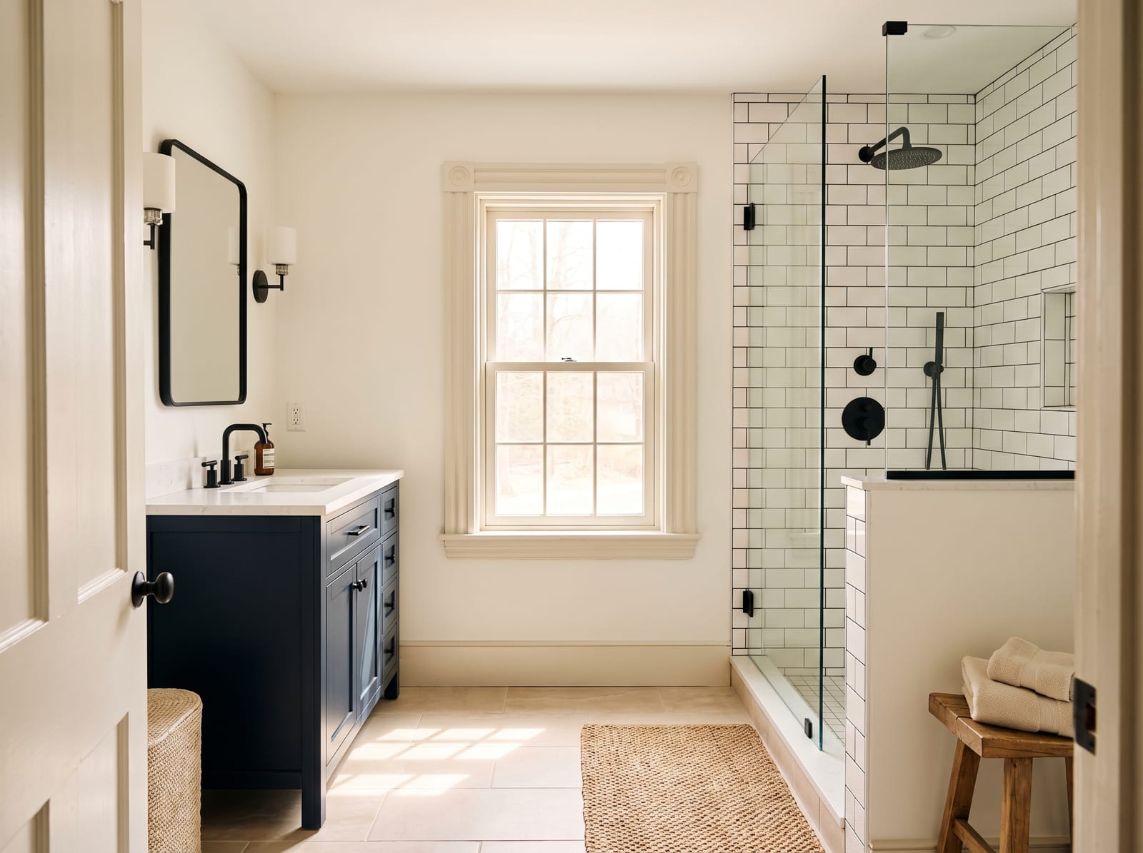 A remodeled bathroom in an older Manchester home with a white subway-tiled shower, a navy vanity and an original double-hung window