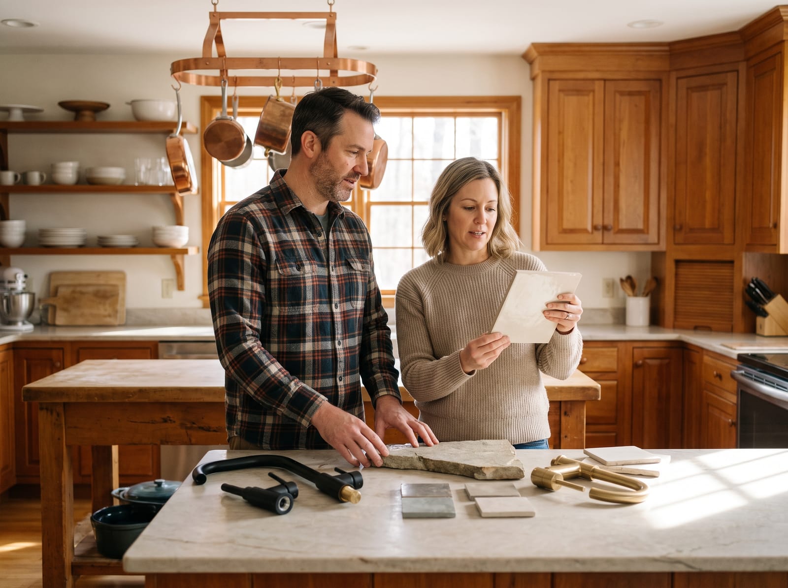 A couple comparing bathroom tile, stone and tap samples laid out on a kitchen island