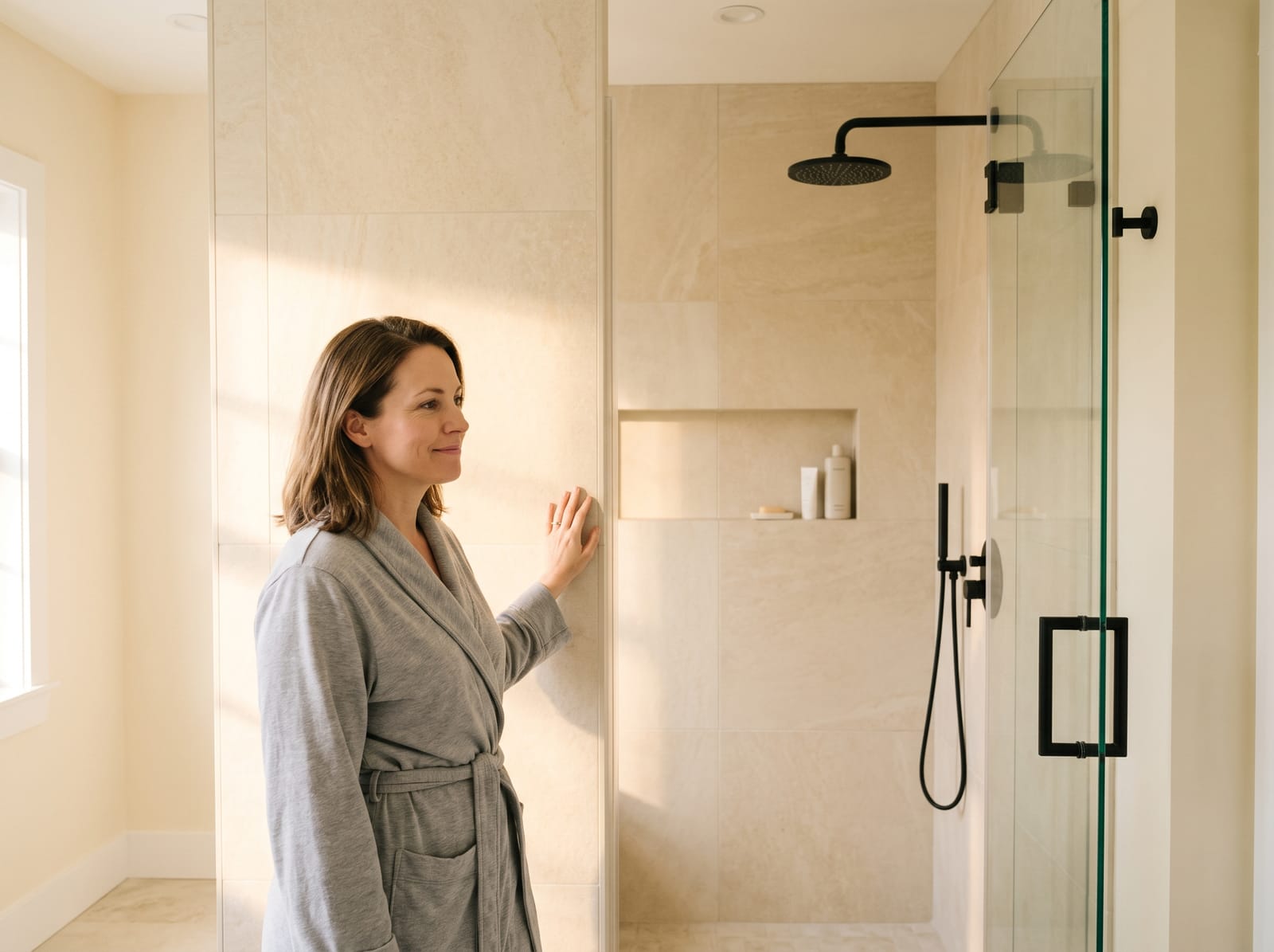 A woman in a robe beside her finished walk-in shower, about to start the day
