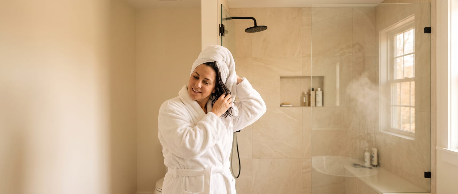 A woman in a robe towels her hair beside an open walk-in shower with a rain head and a built-in bench